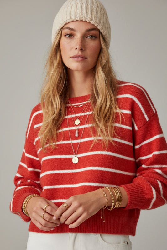 Red striped knit sweater with red heart detail -