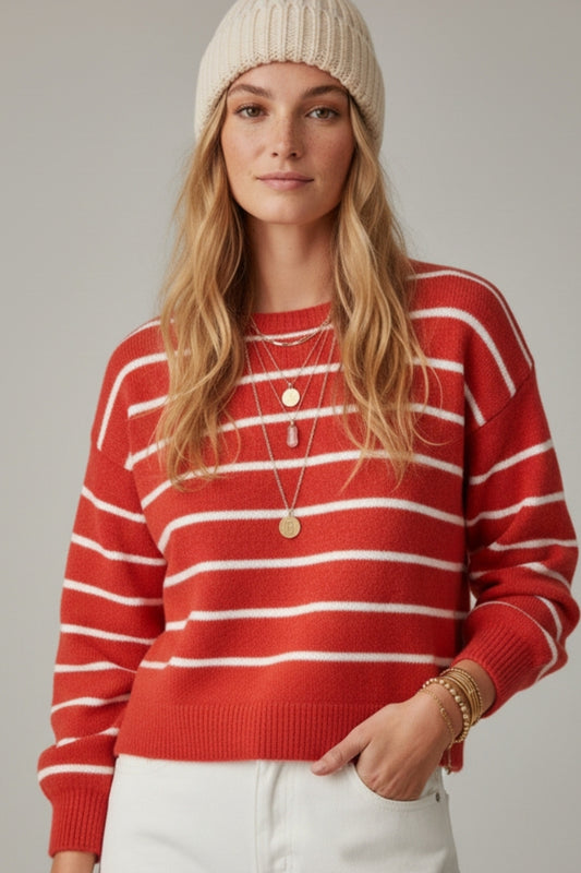 Red striped knit sweater with red heart detail -