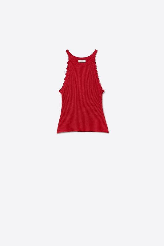 Red Tank Top with Ribbed Underarm Detail - Tops