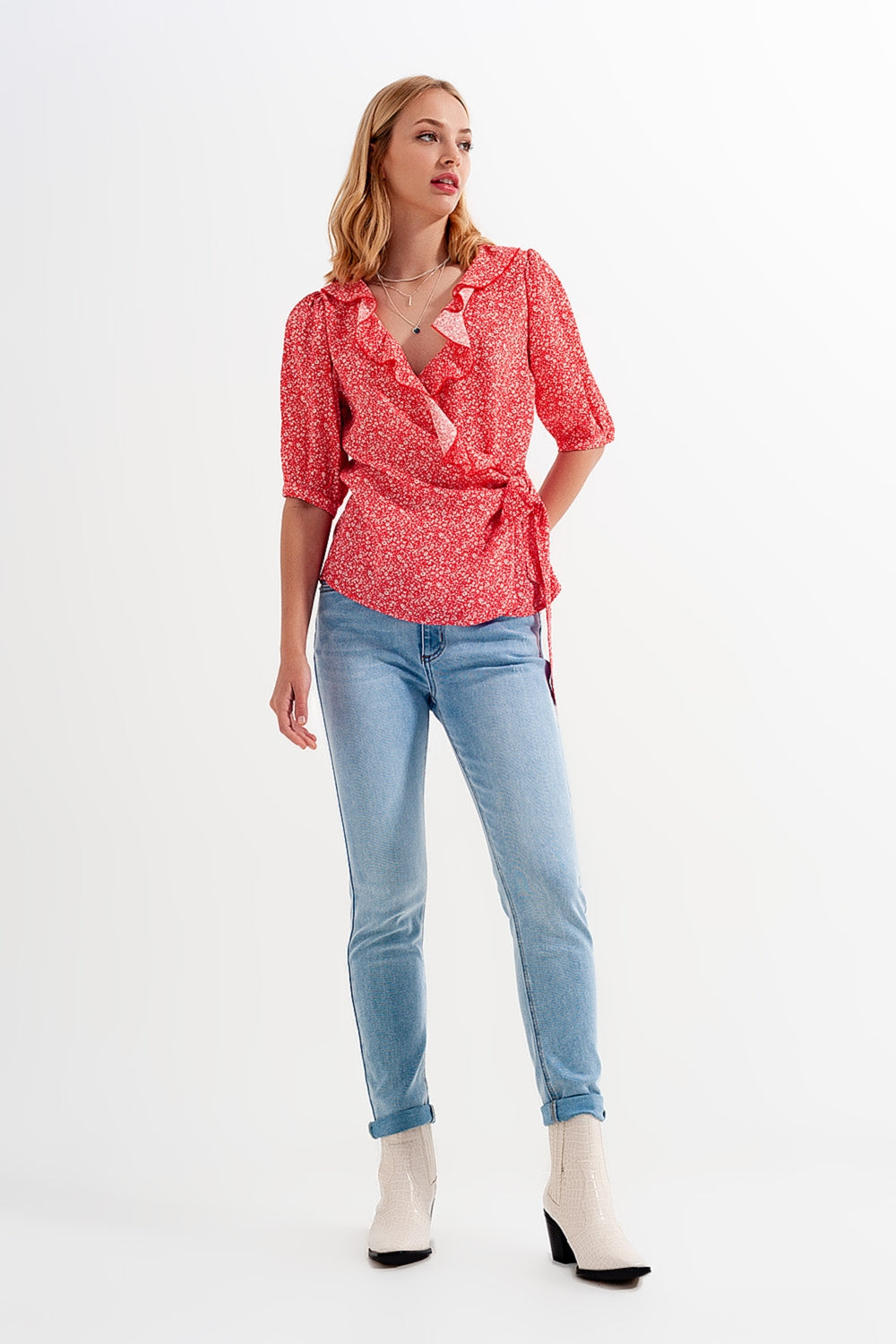 Red wrap top in clustered flower print - Tops