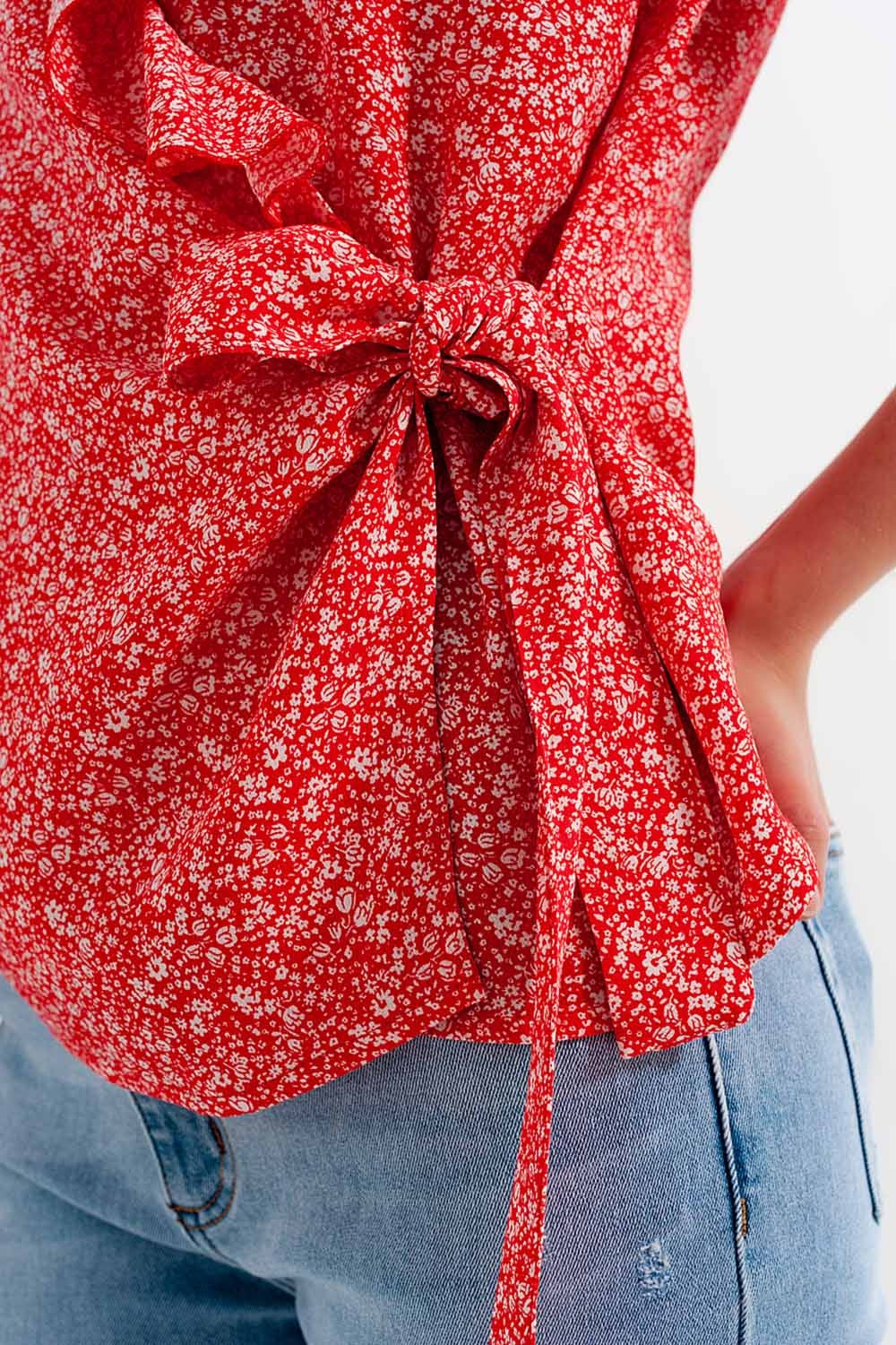 Red wrap top in clustered flower print - Tops