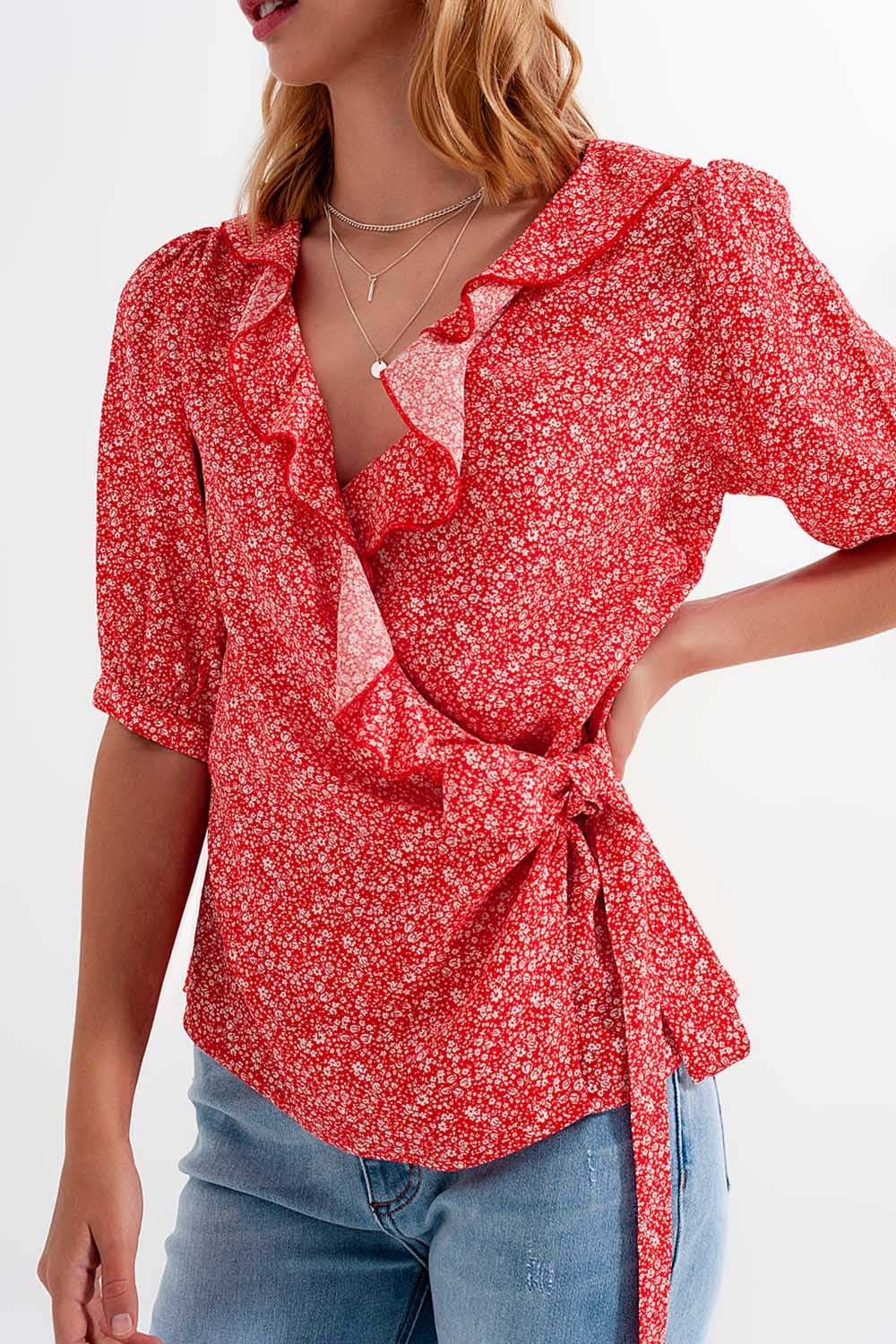 Red wrap top in clustered flower print - Tops