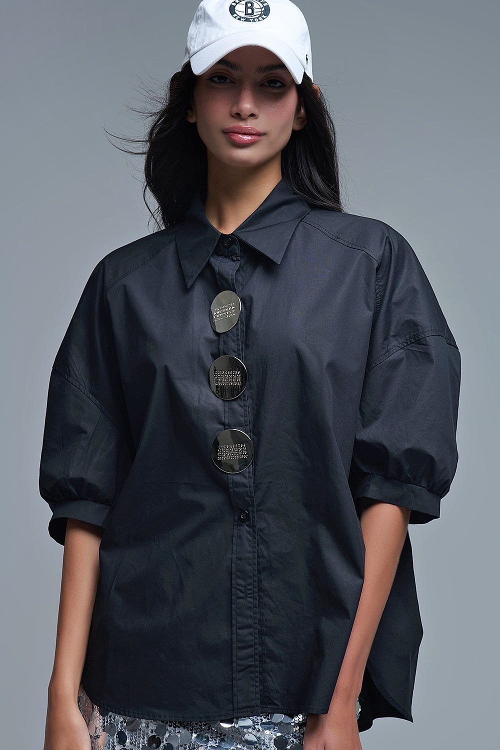 Relaxed 3/4 Sleeve Poplin Shirt With Button Detail in Black - Shirts