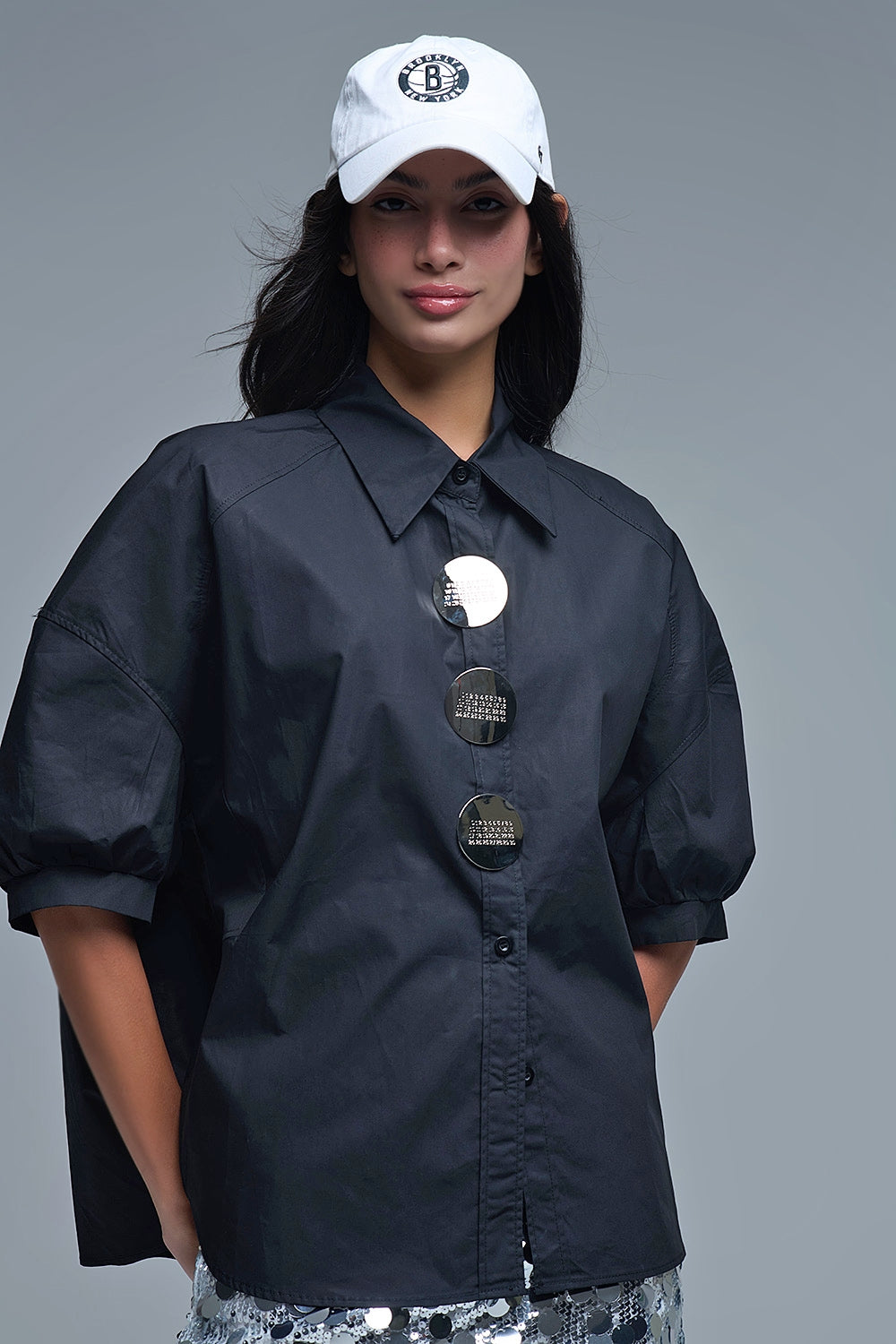 Relaxed 3/4 Sleeve Poplin Shirt With Button Detail in Black - Shirts