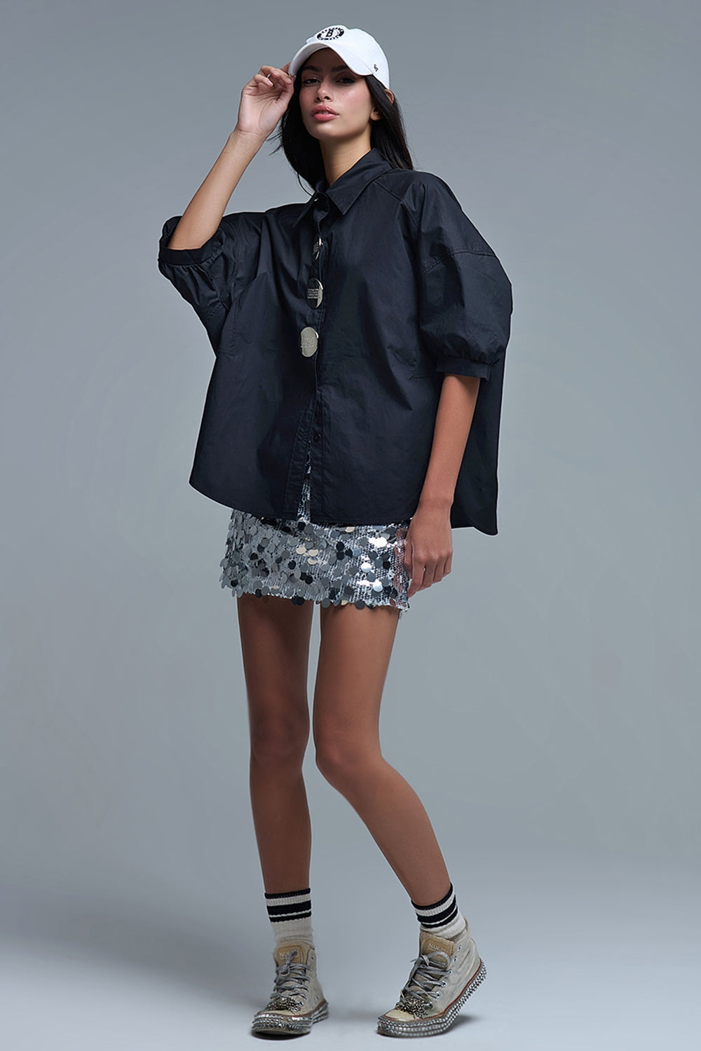 Relaxed 3/4 Sleeve Poplin Shirt With Button Detail in Black - Shirts