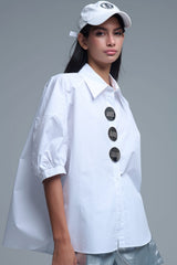 Chemise décontractée en popeline à manches 3/4 et boutons blancs