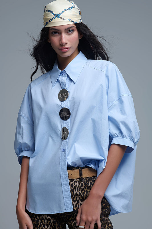 Relaxed 3/4 Sleeve Poplin Shirt With Button Detail - Shirts