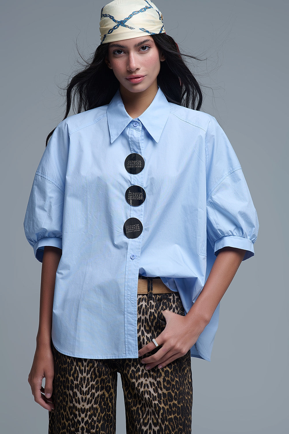 Relaxed 3/4 Sleeve Poplin Shirt With Button Detail - Shirts