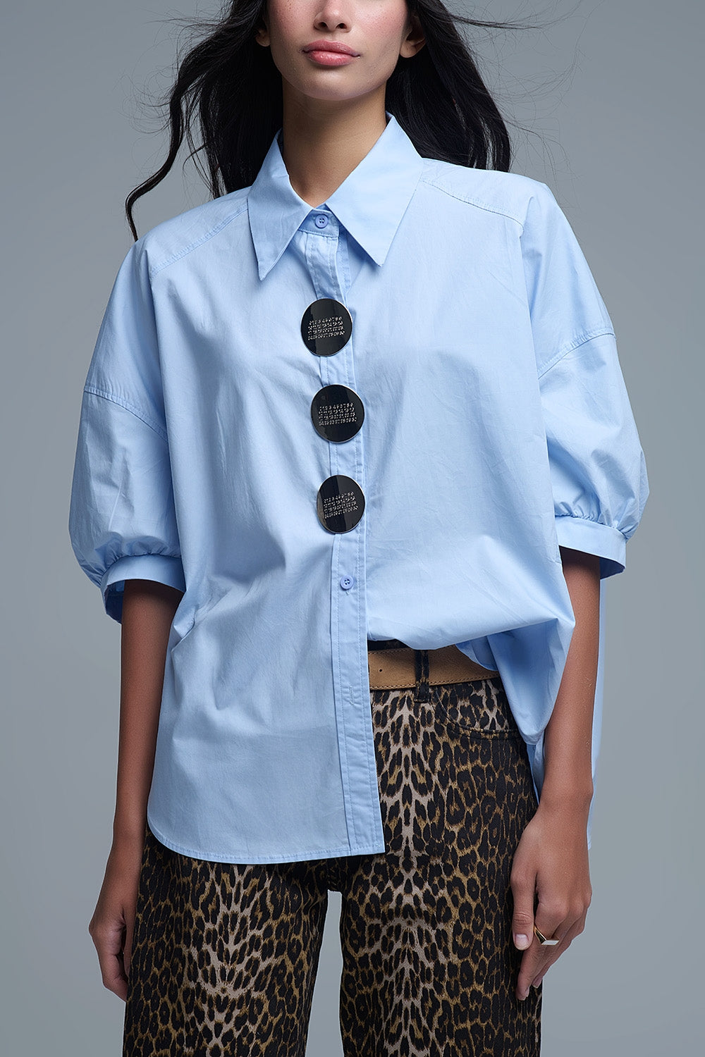 Relaxed 3/4 Sleeve Poplin Shirt With Button Detail - Shirts