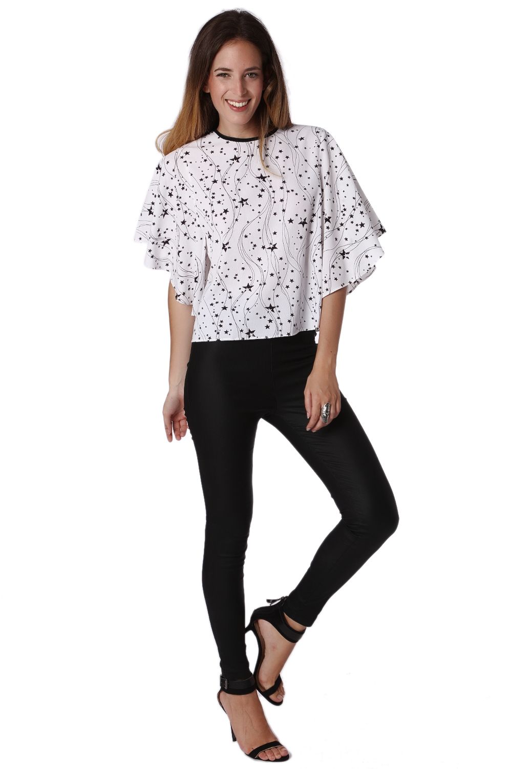 Relaxed Angel Sleeve Top In Black Star Print - Tops