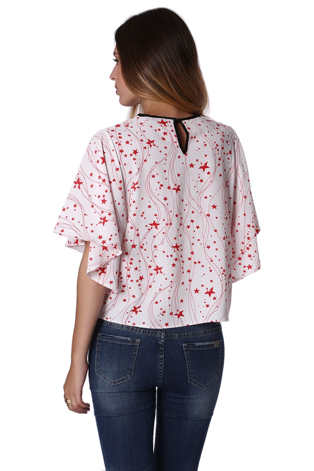 Relaxed Angel Sleeve Top In Black Star Print - Tops