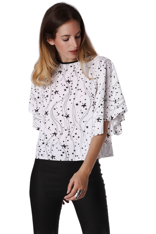 Relaxed Angel Sleeve Top In Black Star Print - Tops
