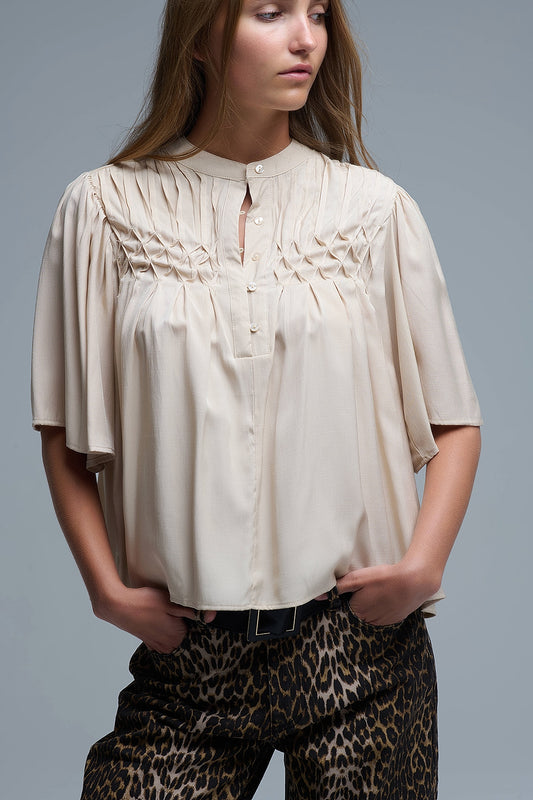 Relaxed Beige boho-style blouse with embroidered details - Tops
