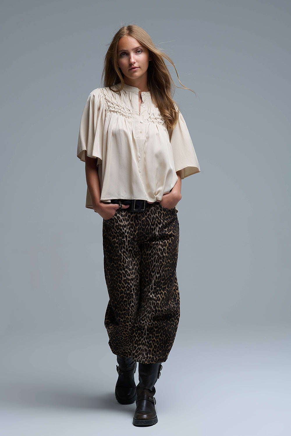 Relaxed Beige boho-style blouse with embroidered details - Tops