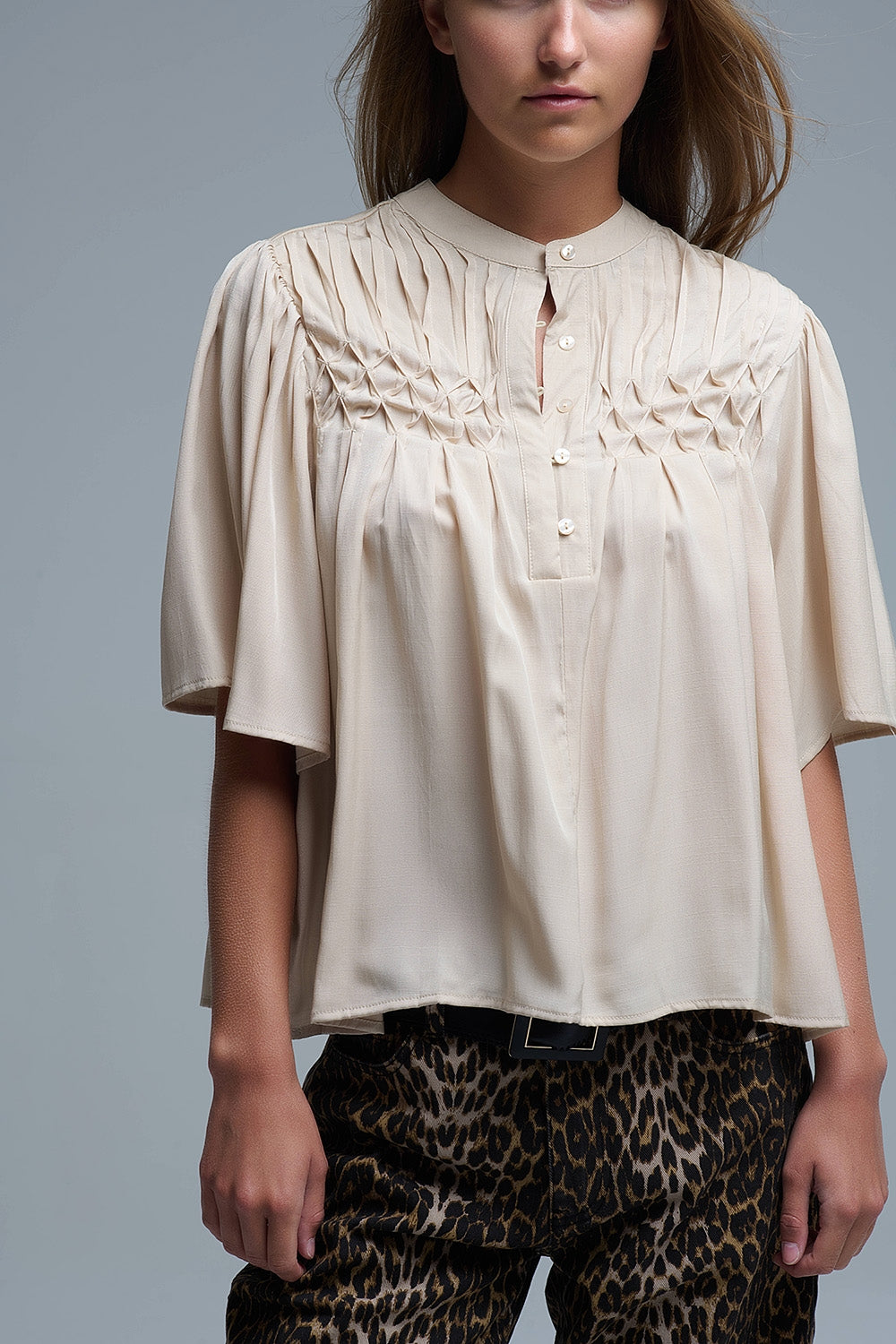 Relaxed Beige boho-style blouse with embroidered details - Tops