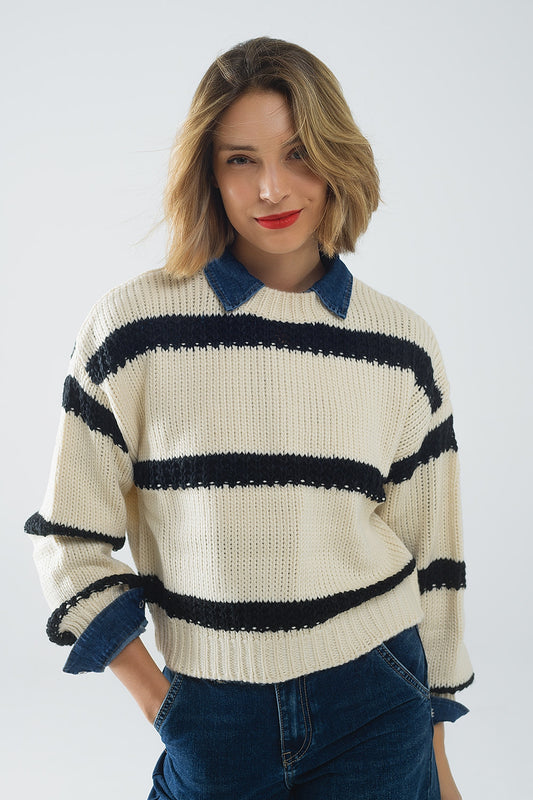 Relaxed beige jumper with black stripes - Jumpers