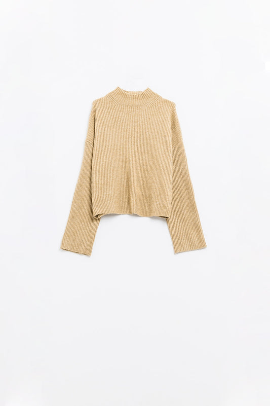 relaxed beige ribbed high neck sweater - Sweaters