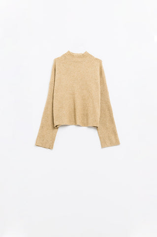 relaxed beige ribbed high neck sweater
