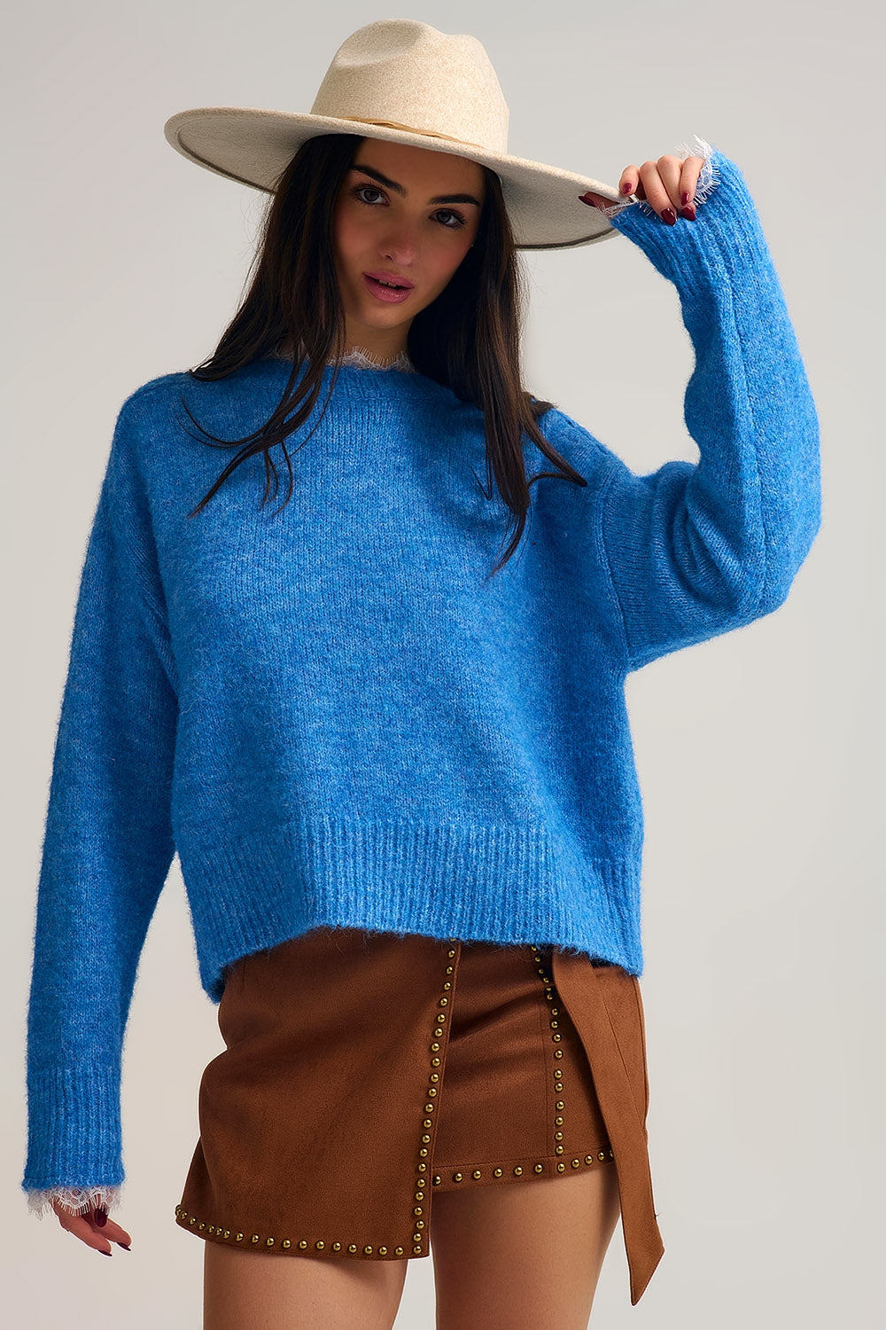 Relaxed Blue Sweater With Lace Details at Cuffs and Neck - Sweaters