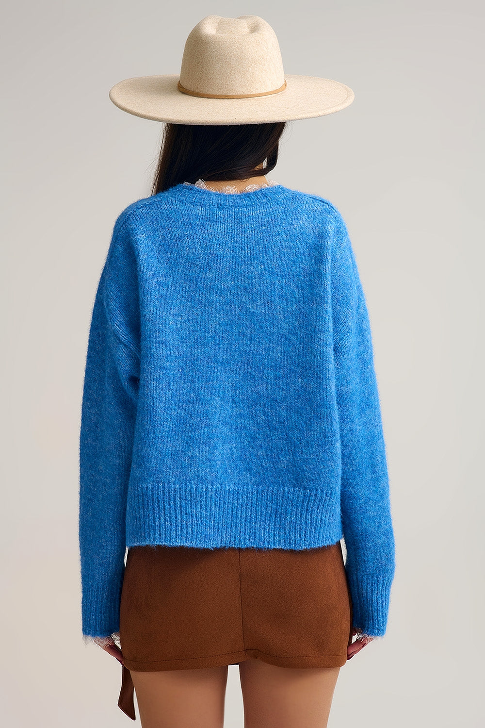 Relaxed Blue Sweater With Lace Details at Cuffs and Neck - Sweaters