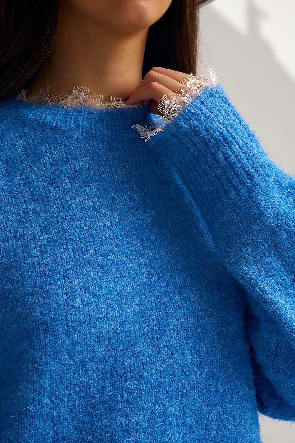 Relaxed Blue Sweater With Lace Details at Cuffs and Neck - Sweaters