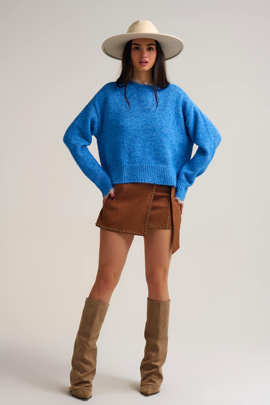 Relaxed Blue Sweater With Lace Details at Cuffs and Neck - Sweaters