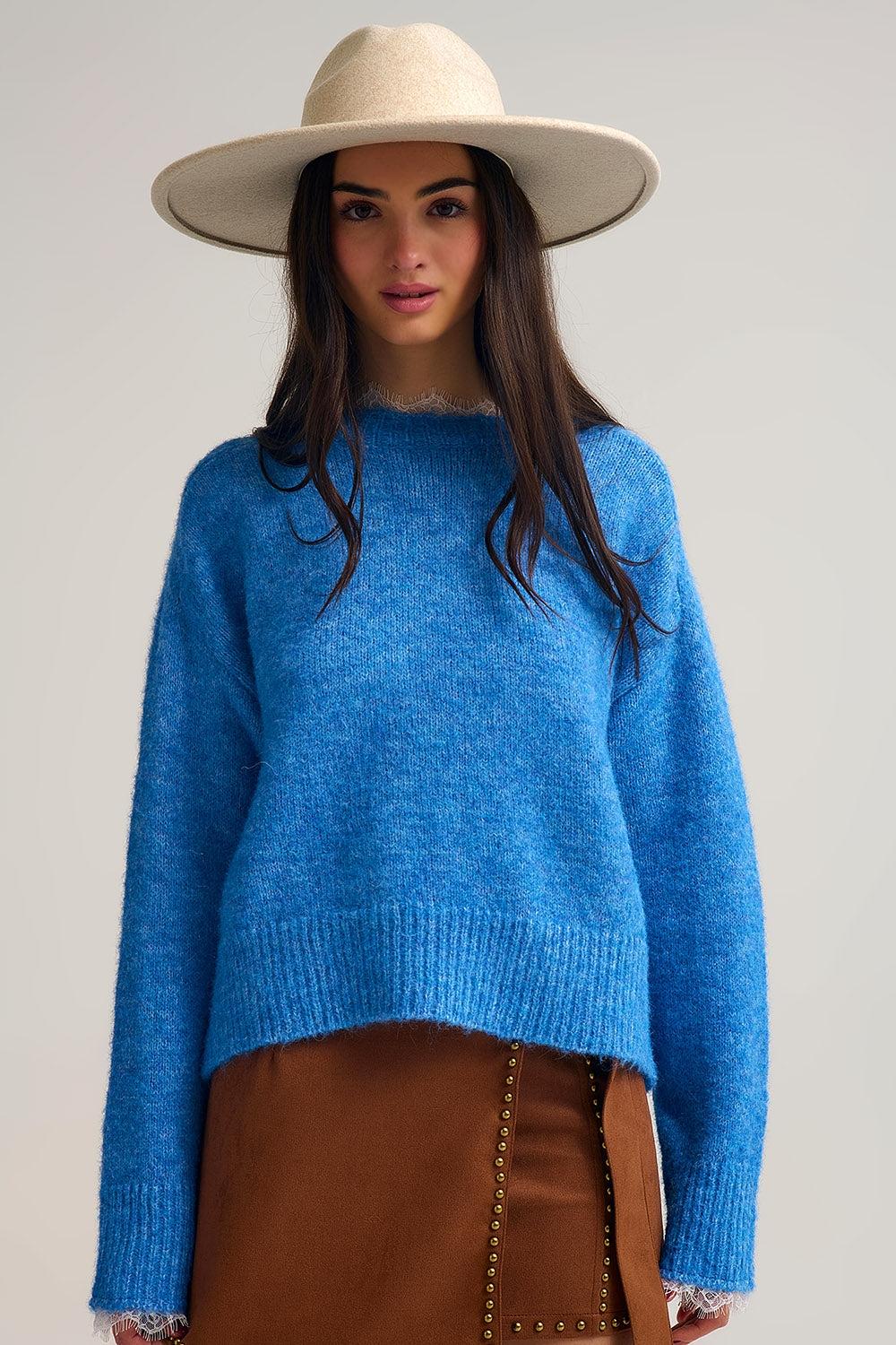 Relaxed Blue Sweater With Lace Details at Cuffs and Neck - Sweaters