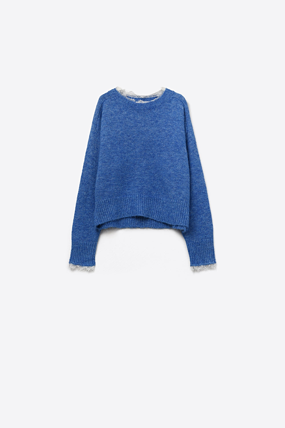 Relaxed Blue Sweater With Lace Details at Cuffs and Neck - Sweaters