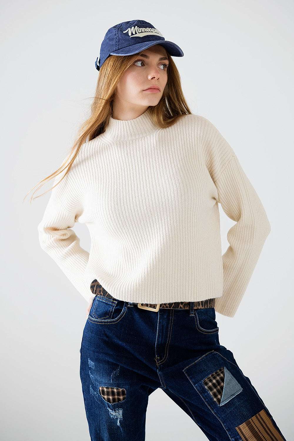 relaxed cream ribbed high neck sweater - Jumpers