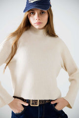 pull col montant côtelé décontracté de couleur crème