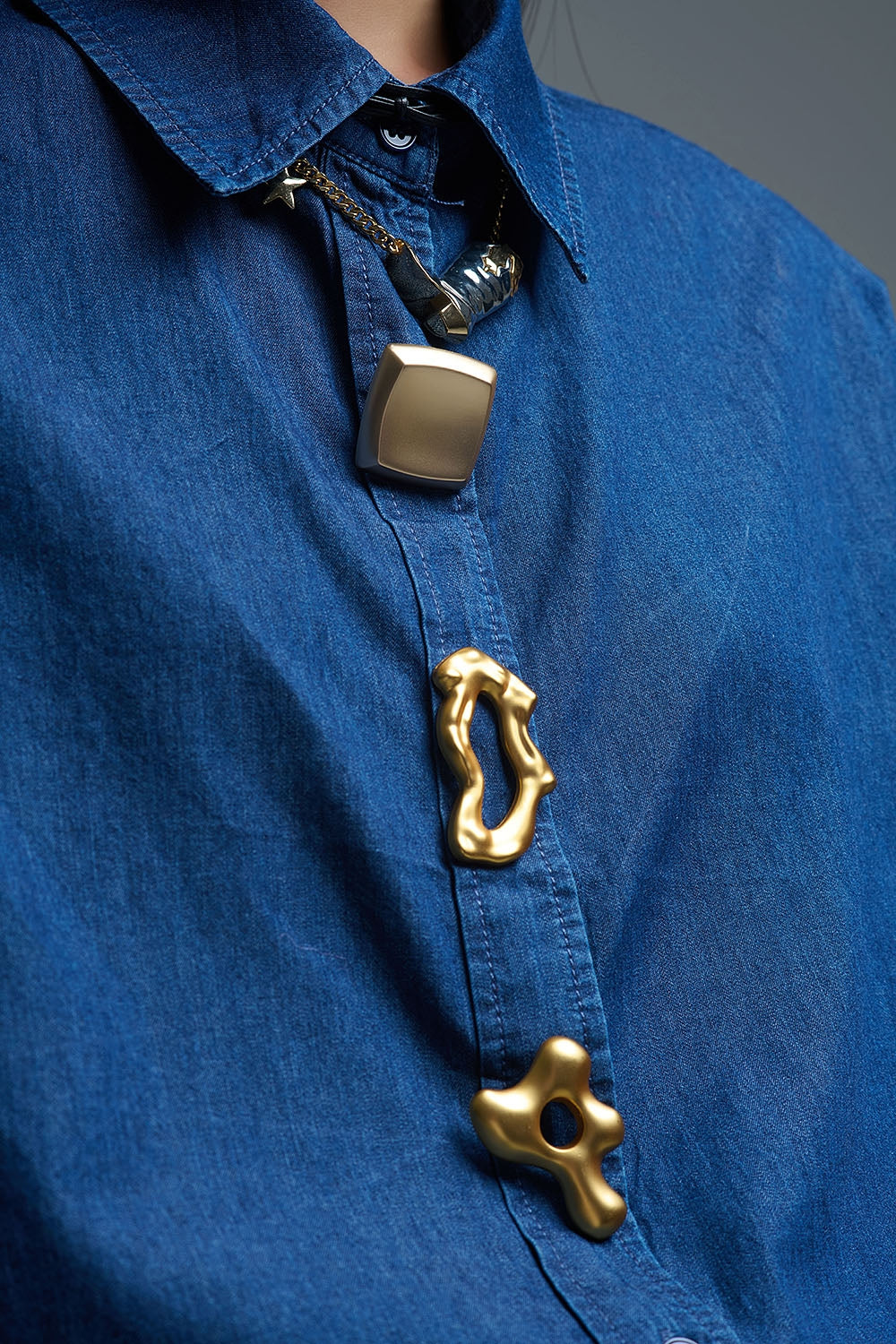 Relaxed Denim Shirt With Gold Abstract Buttons - Shirts