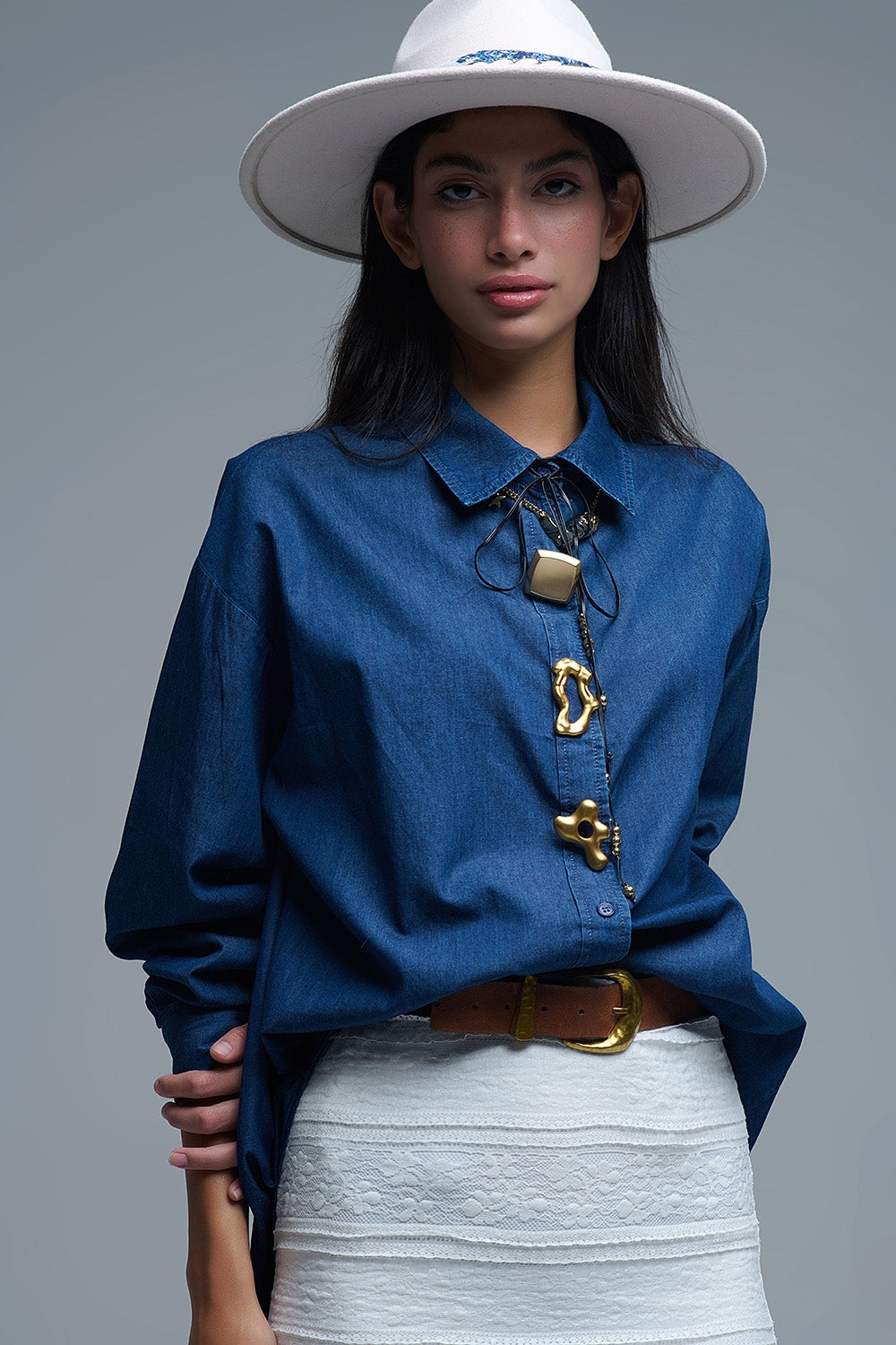 Relaxed Denim Shirt With Gold Abstract Buttons - Shirts