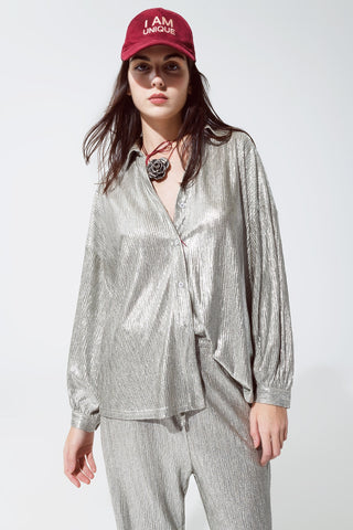 Relaxed Fit Button Down Shirt With Balloon Sleeves in Silver