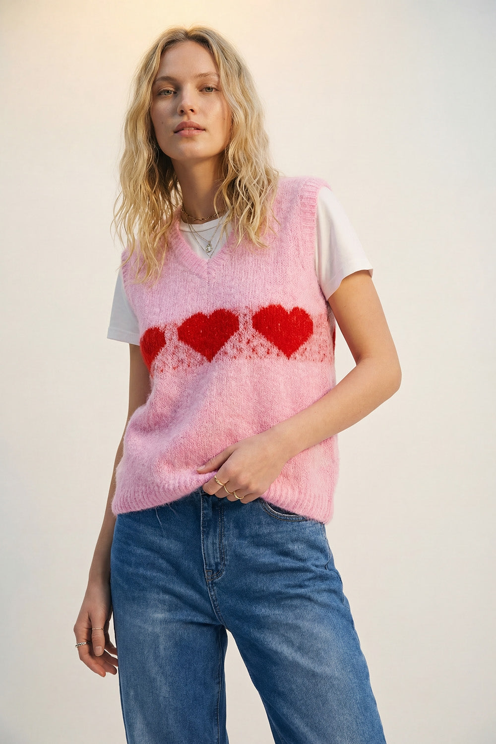 Relaxed-Fit Fluffy pink Knit Vest with Heart Motif - Vests