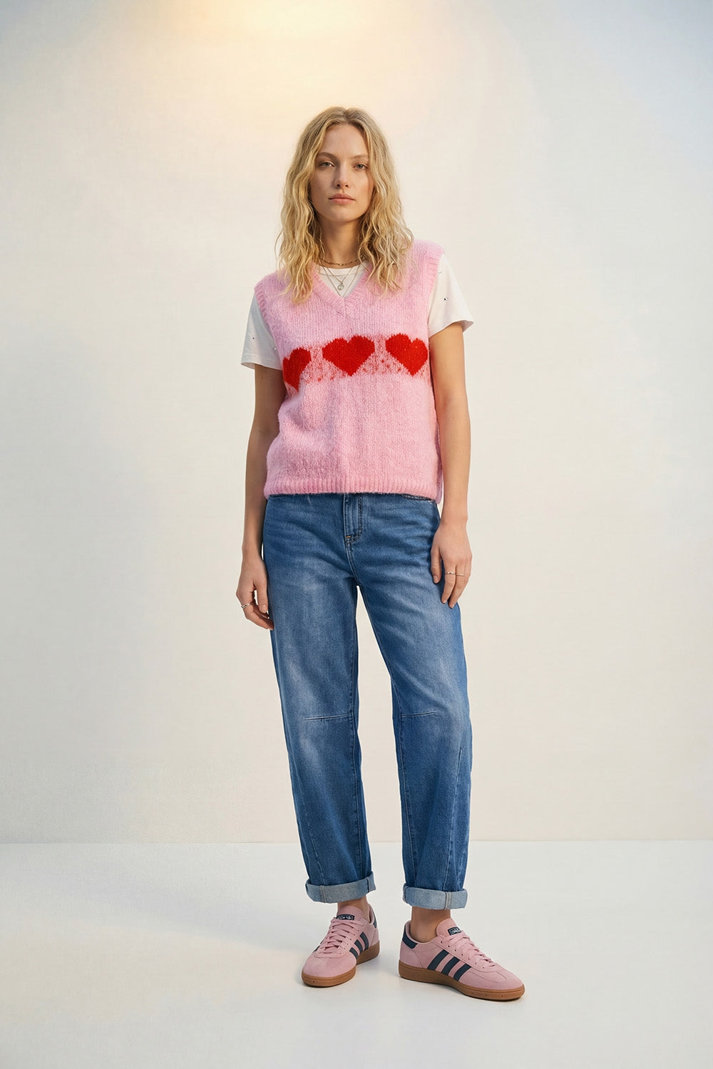 Relaxed-Fit Fluffy pink Knit Vest with Heart Motif - Vests