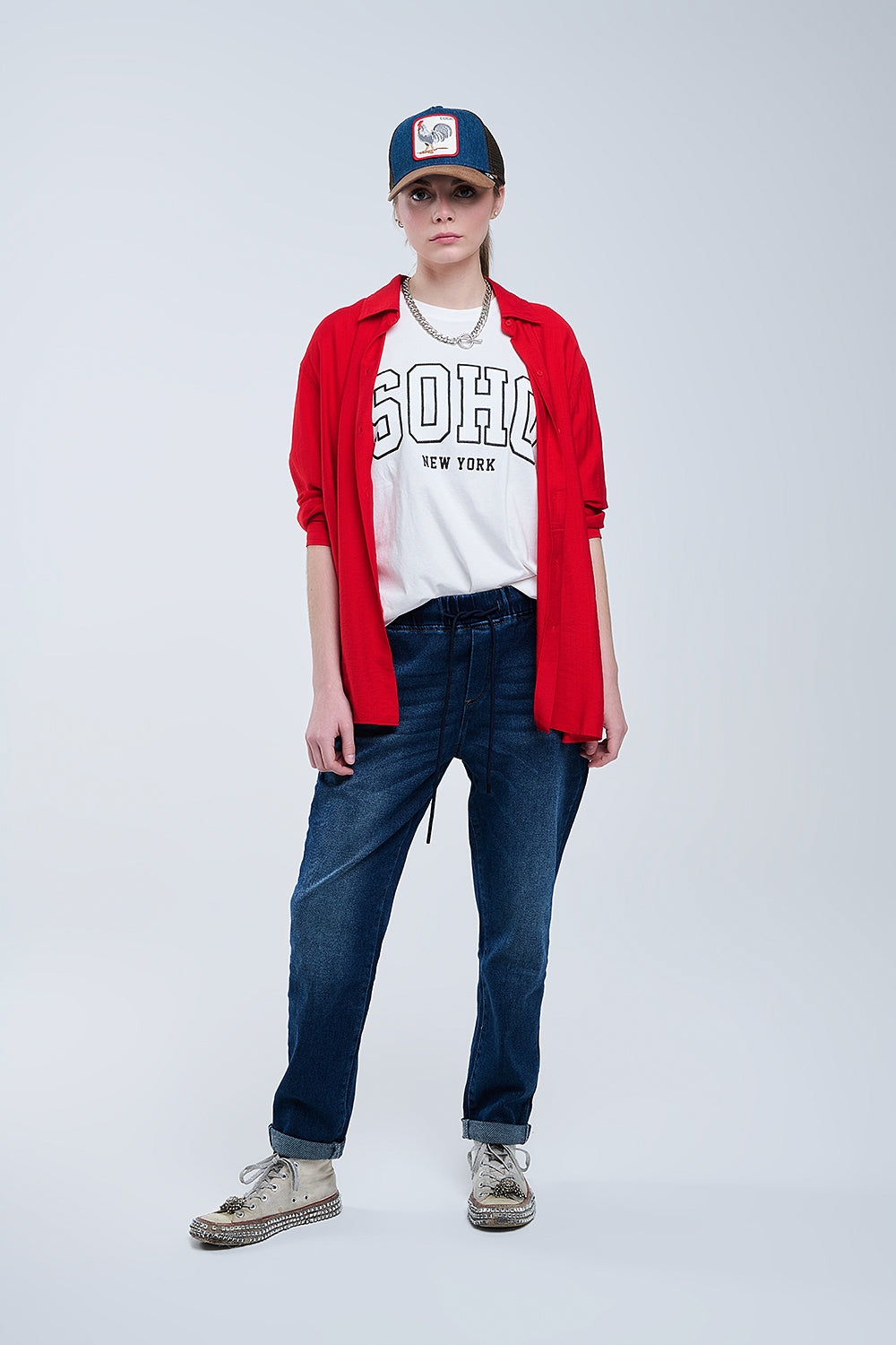 relaxed fit Red Shirt 3/4 Sleeves and High Low Hem - Shirts