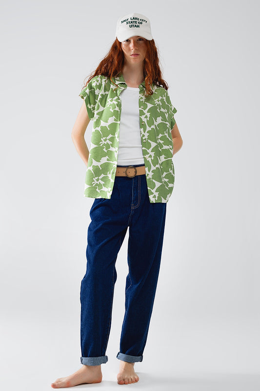Relaxed Floral Print Shirt In Green - Shirts