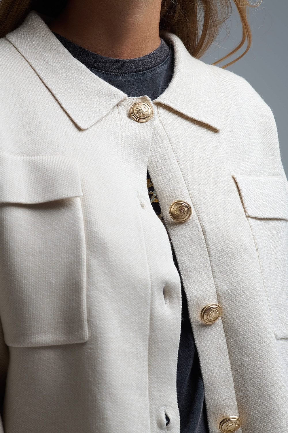 Relaxed Formal Knitted Cardigan With Chest Pockets in Beige - Sweaters