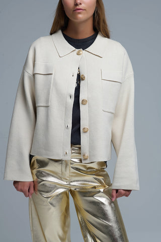 Relaxed Formal Knitted Cardigan With Chest Pockets in Beige