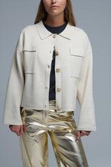 Relaxed Formal Knitted Cardigan With Chest Pockets in Beige