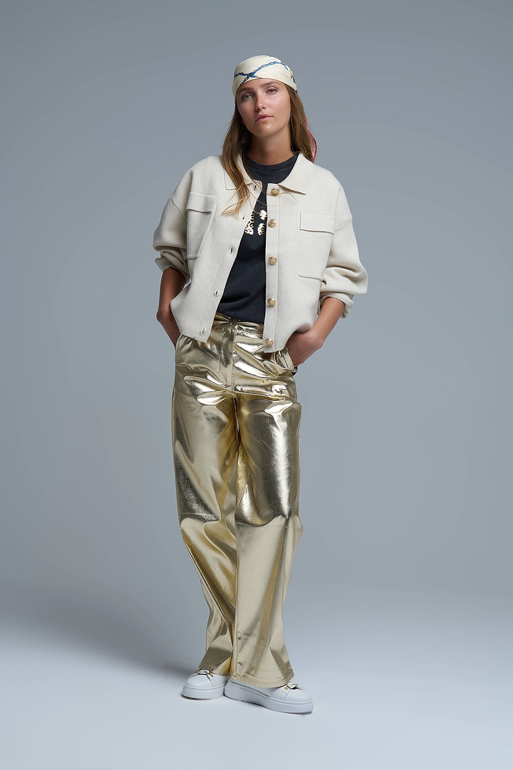 Relaxed Formal Knitted Cardigan With Chest Pockets in Beige - Sweaters