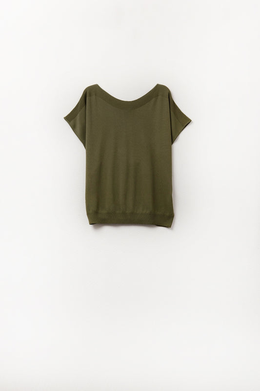 Relaxed khaki boatneck sweater with dropped sleeves - Jumpers