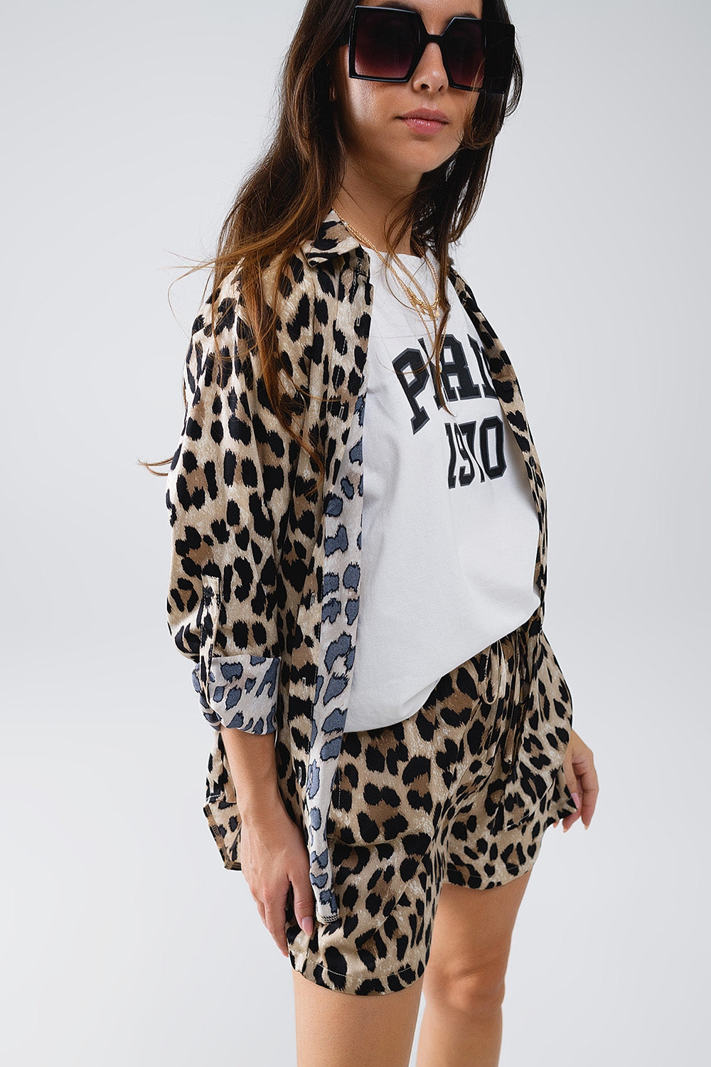 Relaxed Leopard Print High-Low Shirt With Long Sleeves - Shirts