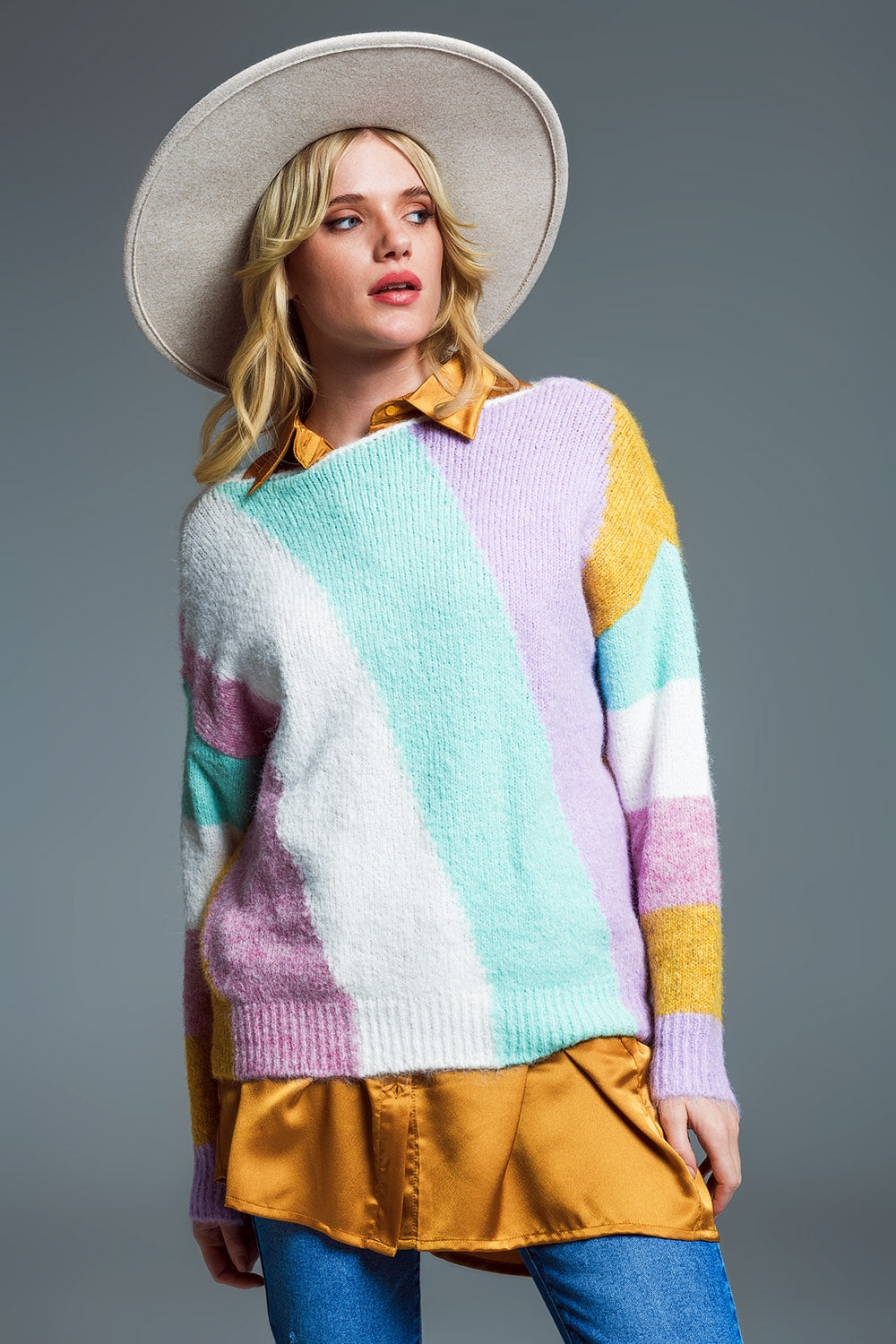 Relaxed Multicolor Diagonal Stripe Sweater With Boat Neck in Pastel Colors - Jumpers