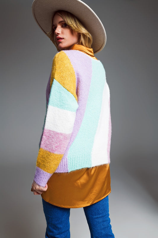 Relaxed Multicolor Diagonal Stripe Sweater With Boat Neck in Pastel Colors - Jumpers