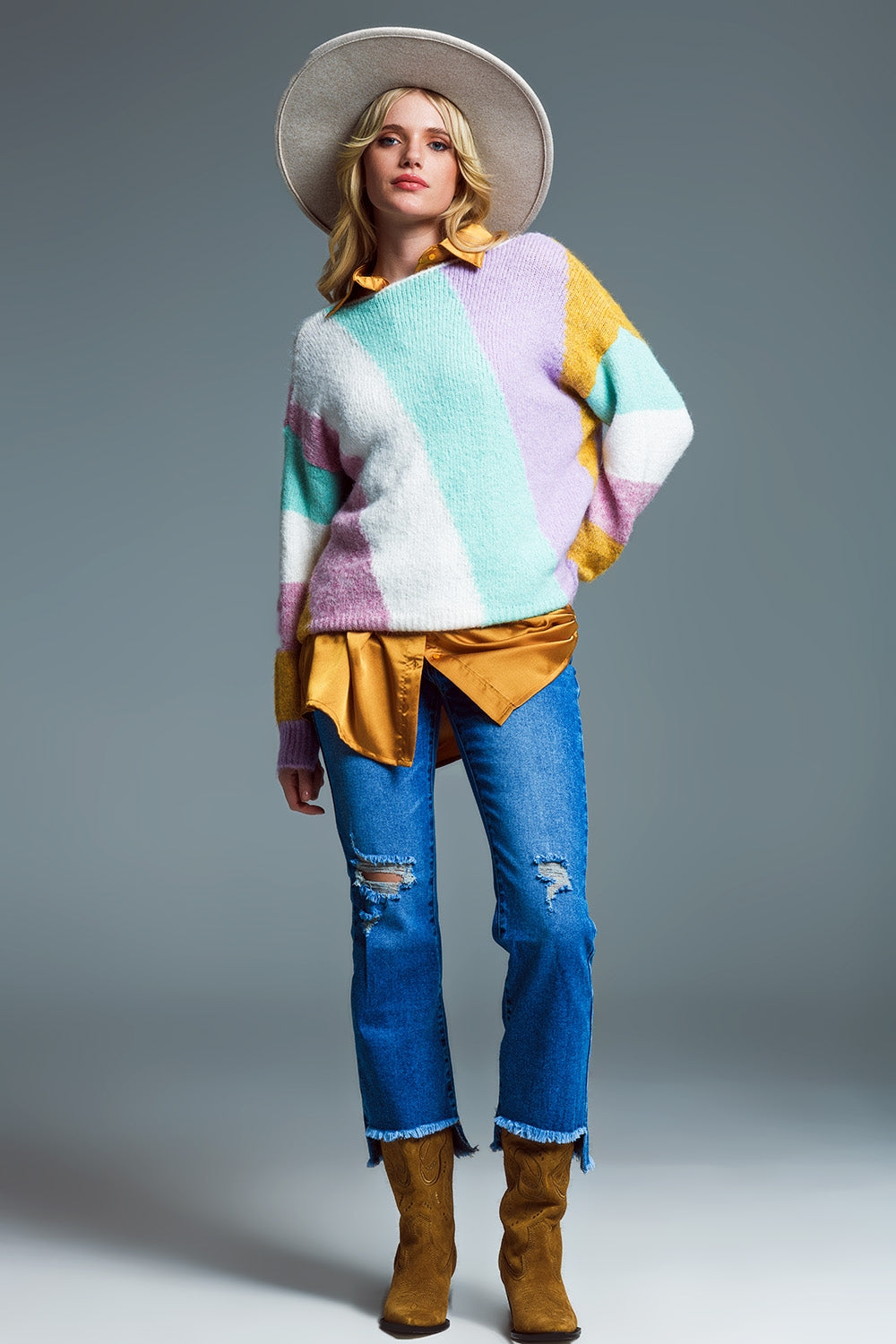 Relaxed Multicolor Diagonal Stripe Sweater With Boat Neck in Pastel Colors - Jumpers