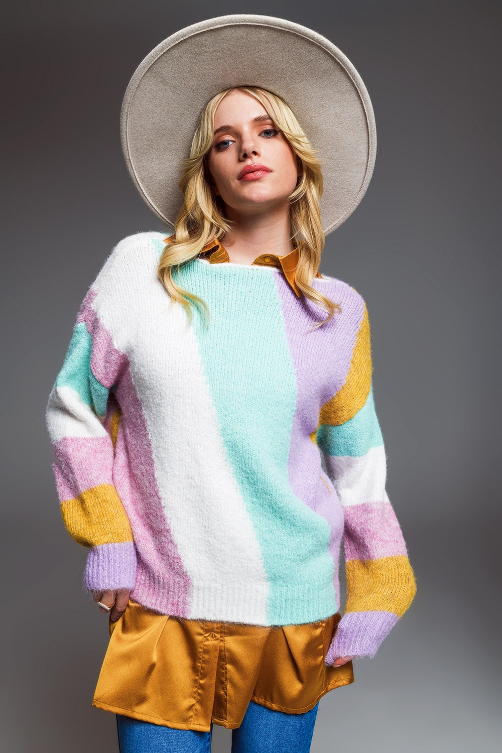 Relaxed Multicolor Diagonal Stripe Sweater With Boat Neck in Pastel Colors - Jumpers
