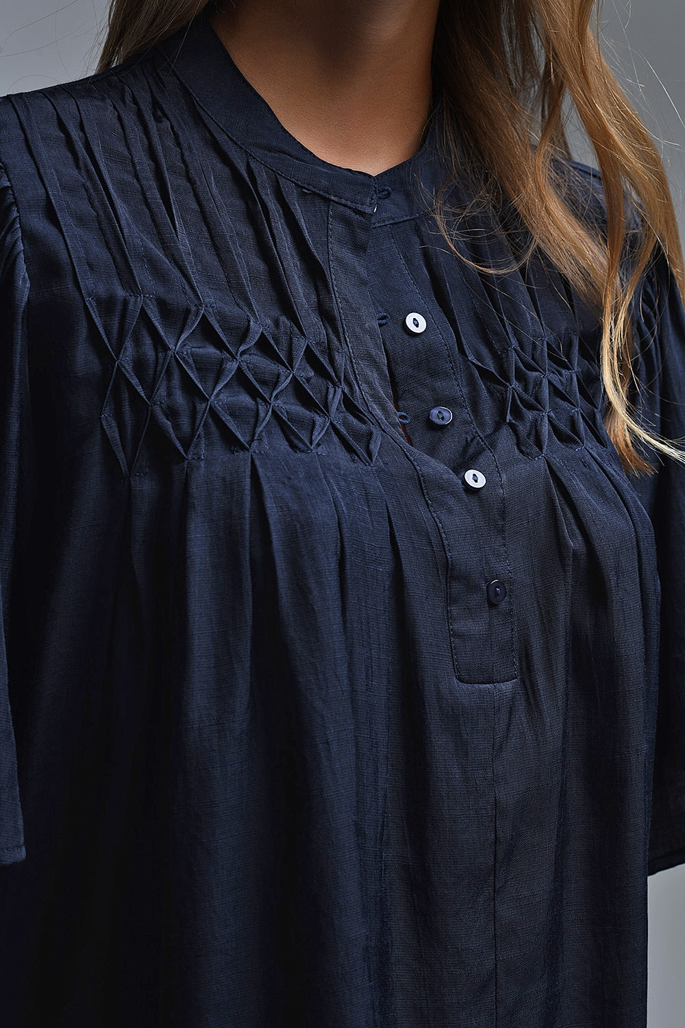 Relaxed Navy boho-style blouse with embroidered details - Tops