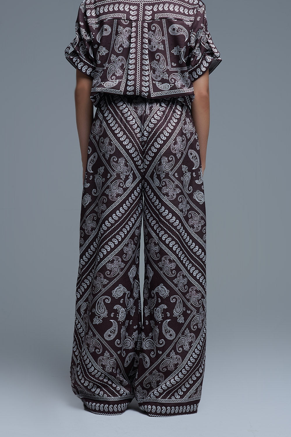 Relaxed Paisley Print Pants With Adjustable Drawstring in Brown - Pants