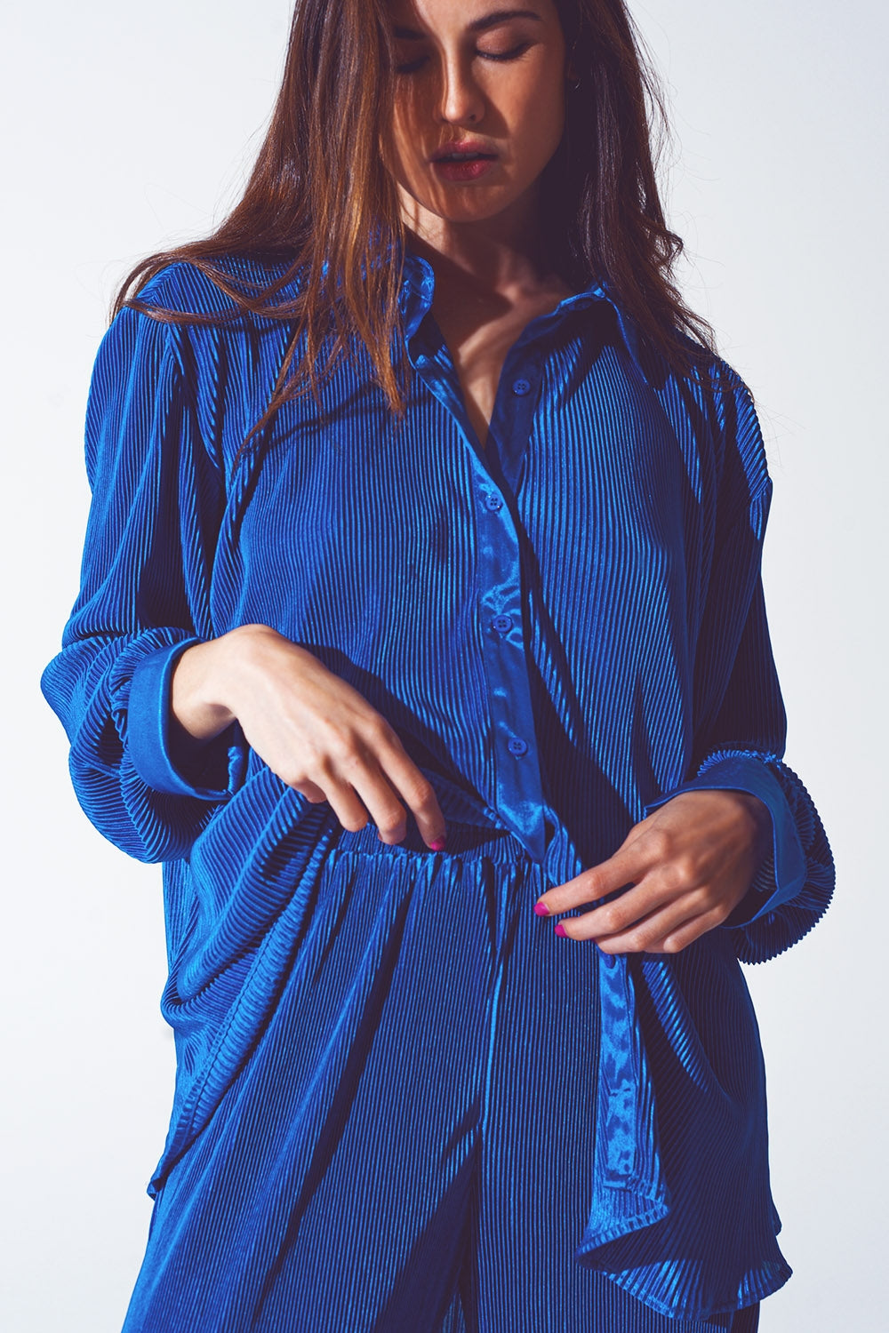 Relaxed Pleated Satin Shirt in Blue - Shirts